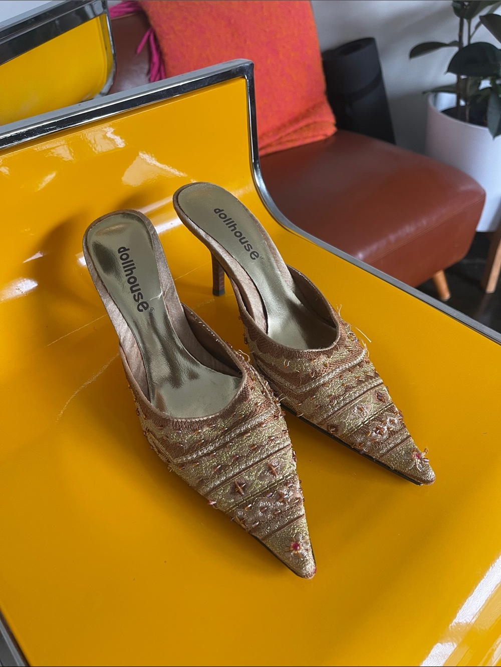Dollhouse Metallic Gold Embellished Pointed-Toe Mules
